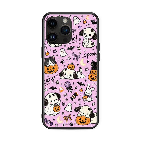 Θήκη iPhone 15 Pro Max Halloween Puppies and Friends on Lilac από τη Smartfits με σχέδιο στο πίσω μέρος και μαύρο περίβλημα | iPhone 15 Pro Max Halloween Puppies and Friends on Lilac case with colorful back and black bezels