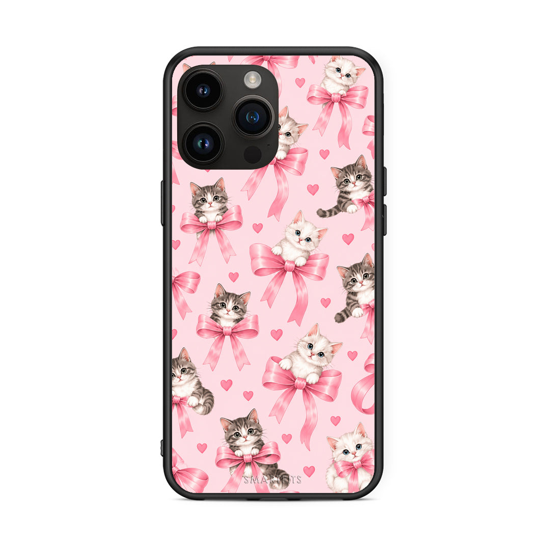 Θήκη iPhone 15 Pro Max Kittens and Pink Bows on Pink από τη Smartfits με σχέδιο στο πίσω μέρος και μαύρο περίβλημα | iPhone 15 Pro Max Kittens and Pink Bows on Pink case with colorful back and black bezels