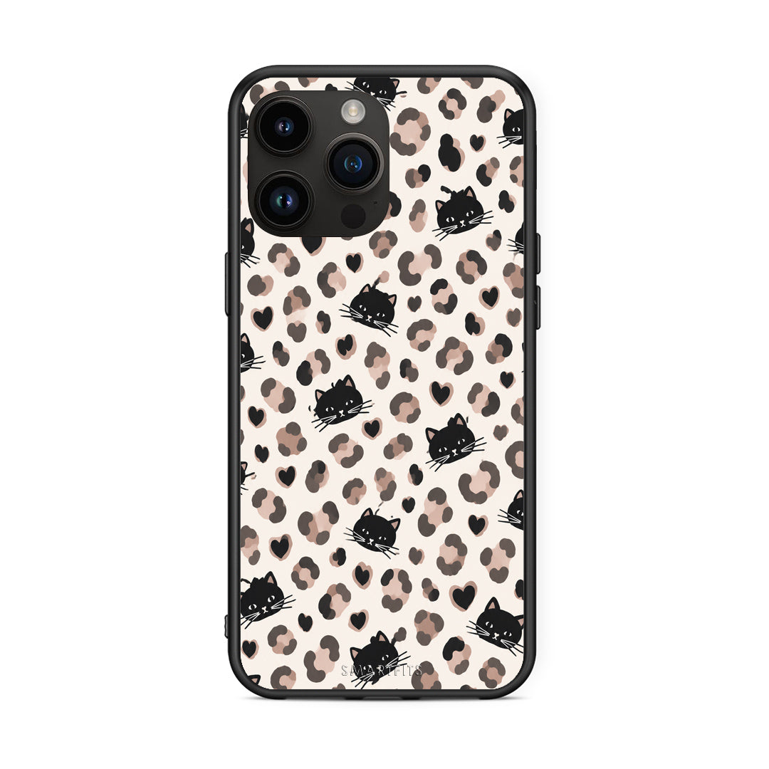 Θήκη iPhone 15 Pro Max Leopard Spots and Black Cats on Cream από τη Smartfits με σχέδιο στο πίσω μέρος και μαύρο περίβλημα | iPhone 15 Pro Max Leopard Spots and Black Cats on Cream case with colorful back and black bezels
