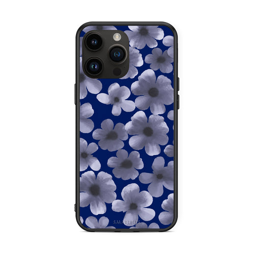 Θήκη iPhone 15 Pro Max Pale Blue Flowers on Navy από τη Smartfits με σχέδιο στο πίσω μέρος και μαύρο περίβλημα | iPhone 15 Pro Max Pale Blue Flowers on Navy case with colorful back and black bezels