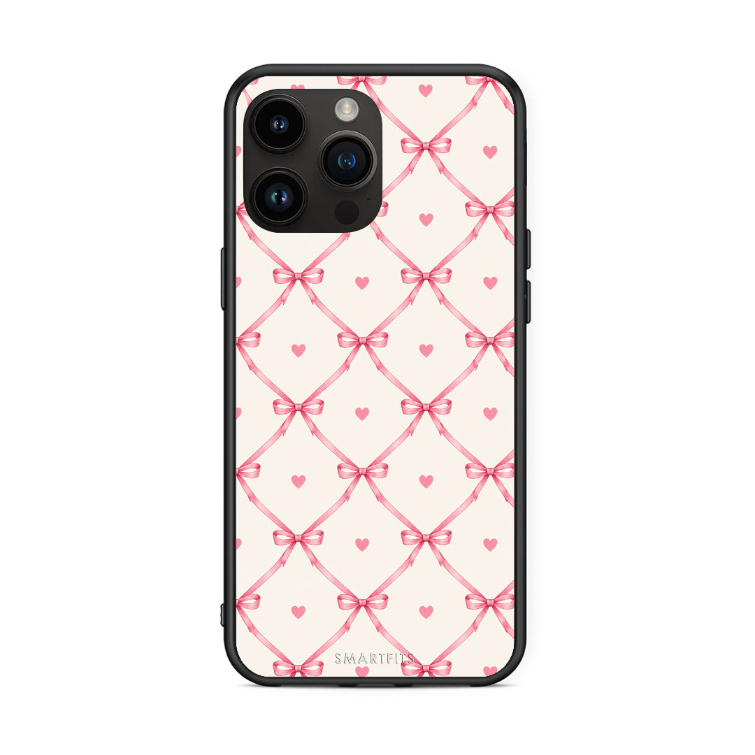 Θήκη iPhone 15 Pro Max Pink Bow Lattice and Hearts on Cream από τη Smartfits με σχέδιο στο πίσω μέρος και μαύρο περίβλημα | iPhone 15 Pro Max Pink Bow Lattice and Hearts on Cream case with colorful back and black bezels