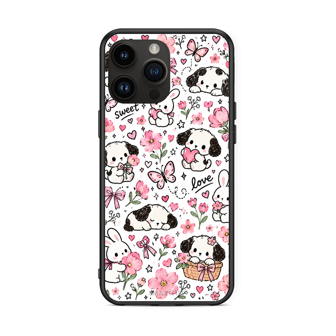 Θήκη iPhone 15 Pro Max Pink Florals Puppies and Bunnies on White από τη Smartfits με σχέδιο στο πίσω μέρος και μαύρο περίβλημα | iPhone 15 Pro Max Pink Florals Puppies and Bunnies on White case with colorful back and black bezels