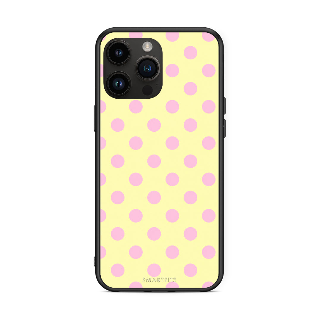 Θήκη iPhone 15 Pro Max Pink Polka Dots on Yellow από τη Smartfits με σχέδιο στο πίσω μέρος και μαύρο περίβλημα | iPhone 15 Pro Max Pink Polka Dots on Yellow case with colorful back and black bezels
