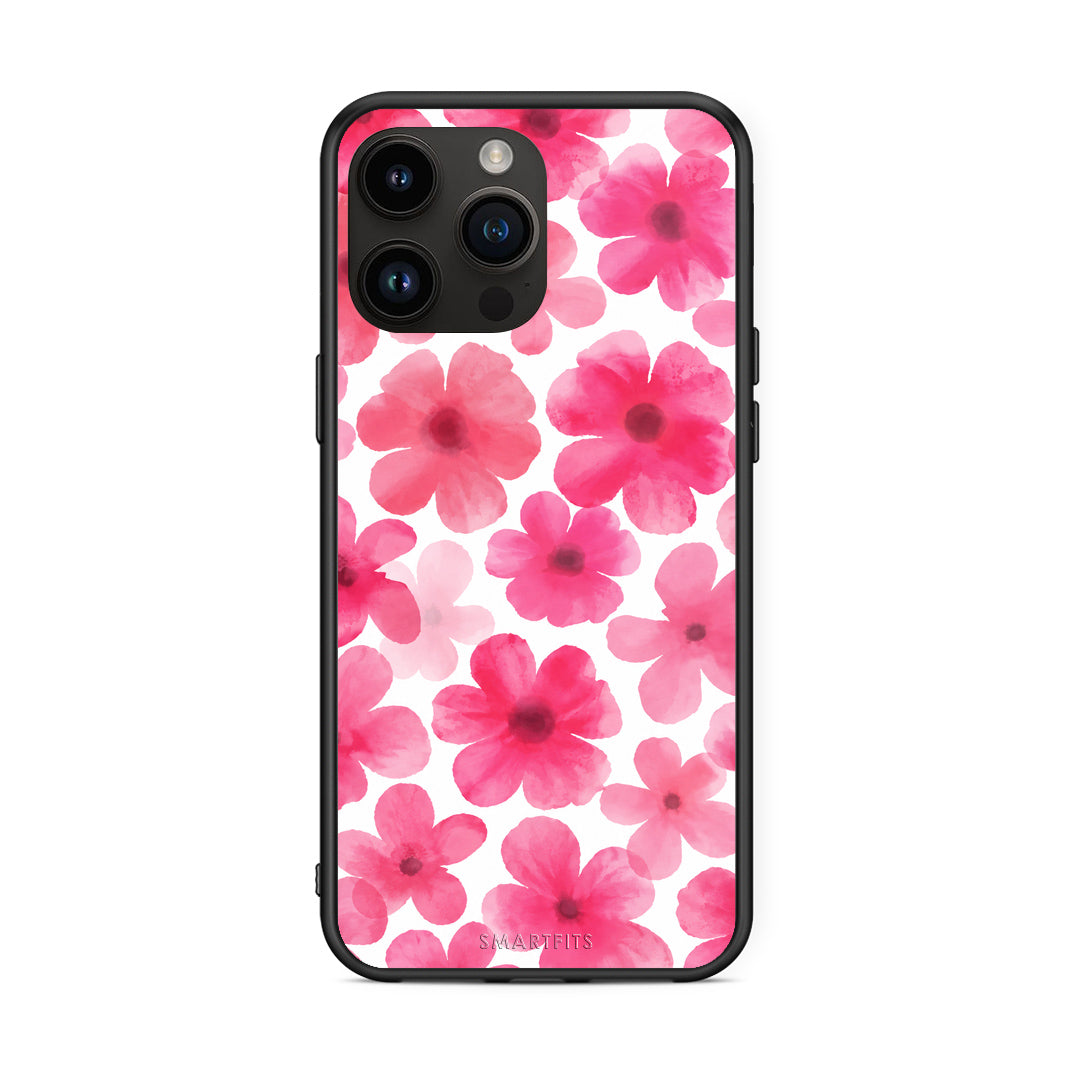Θήκη iPhone 15 Pro Max Pink Watercolour Flowers on White από τη Smartfits με σχέδιο στο πίσω μέρος και μαύρο περίβλημα | iPhone 15 Pro Max Pink Watercolour Flowers on White case with colorful back and black bezels