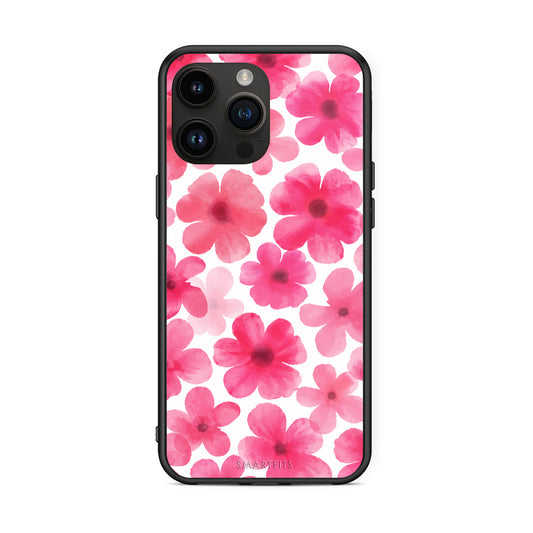 Θήκη iPhone 15 Pro Max Pink Watercolour Flowers on White από τη Smartfits με σχέδιο στο πίσω μέρος και μαύρο περίβλημα | iPhone 15 Pro Max Pink Watercolour Flowers on White case with colorful back and black bezels