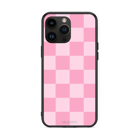 Θήκη iPhone 15 Pro Max Pink and White Striped Checks από τη Smartfits με σχέδιο στο πίσω μέρος και μαύρο περίβλημα | iPhone 15 Pro Max Pink and White Striped Checks case with colorful back and black bezels