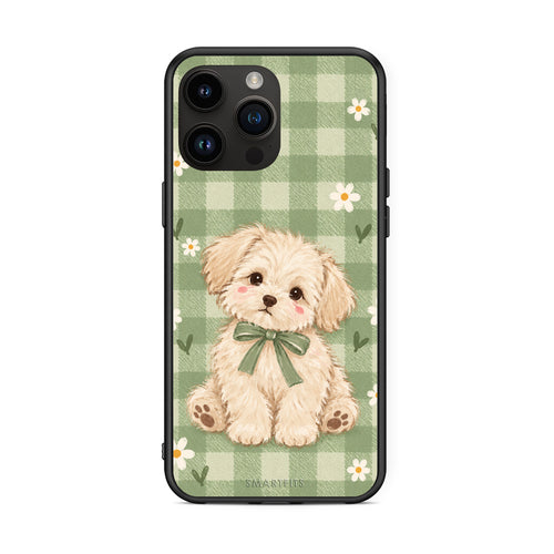 Θήκη iPhone 15 Pro Max Puppy and Daisies on Sage Gingham από τη Smartfits με σχέδιο στο πίσω μέρος και μαύρο περίβλημα | iPhone 15 Pro Max Puppy and Daisies on Sage Gingham case with colorful back and black bezels