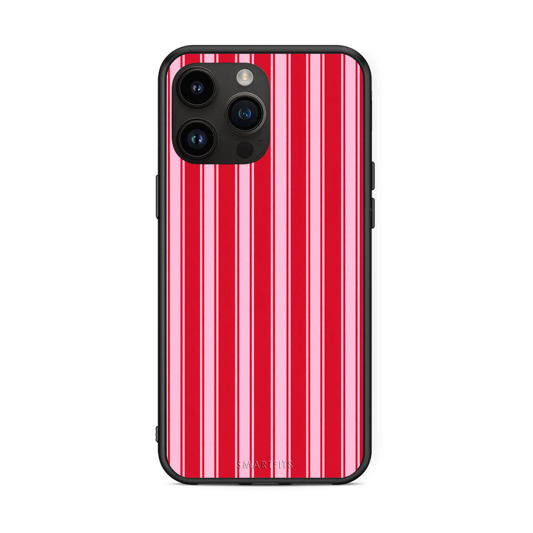 Θήκη iPhone 15 Pro Max Red and Pink Vertical Pinstripes από τη Smartfits με σχέδιο στο πίσω μέρος και μαύρο περίβλημα | iPhone 15 Pro Max Red and Pink Vertical Pinstripes case with colorful back and black bezels