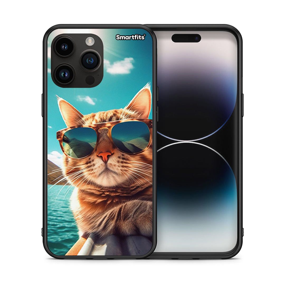 Θήκη iPhone 14 Pro Max Summer Cat από τη Smartfits με σχέδιο στο πίσω μέρος και μαύρο περίβλημα | iPhone 14 Pro Max Summer Cat case with colorful back and black bezels