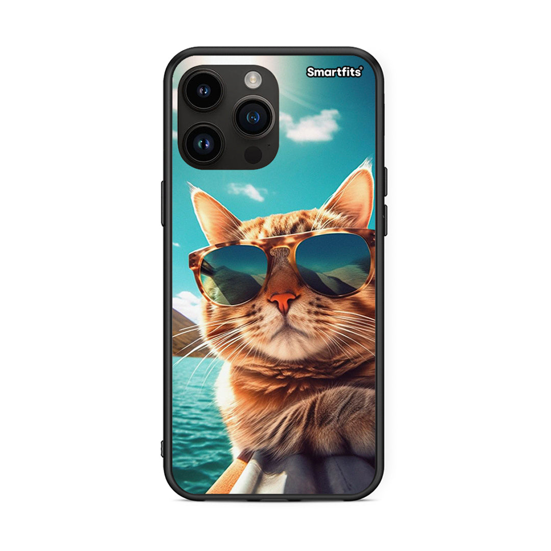 iPhone 15 Pro Max Summer Cat θήκη από τη Smartfits με σχέδιο στο πίσω μέρος και μαύρο περίβλημα | Smartphone case with colorful back and black bezels by Smartfits
