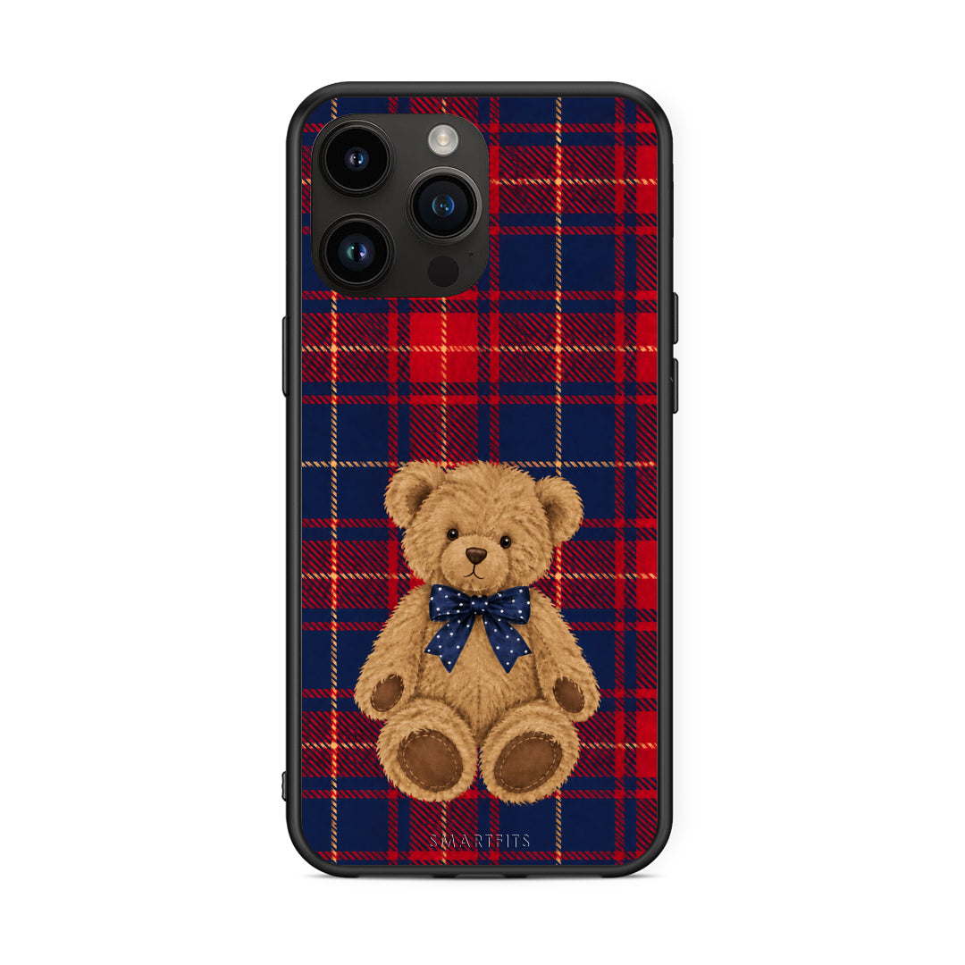 Θήκη iPhone 15 Pro Max Teddy Bear on Red and Navy Tartan από τη Smartfits με σχέδιο στο πίσω μέρος και μαύρο περίβλημα | iPhone 15 Pro Max Teddy Bear on Red and Navy Tartan case with colorful back and black bezels