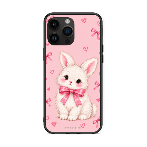 Θήκη iPhone 15 Pro Max White Bunny and Pink Bows από τη Smartfits με σχέδιο στο πίσω μέρος και μαύρο περίβλημα | iPhone 15 Pro Max White Bunny and Pink Bows case with colorful back and black bezels
