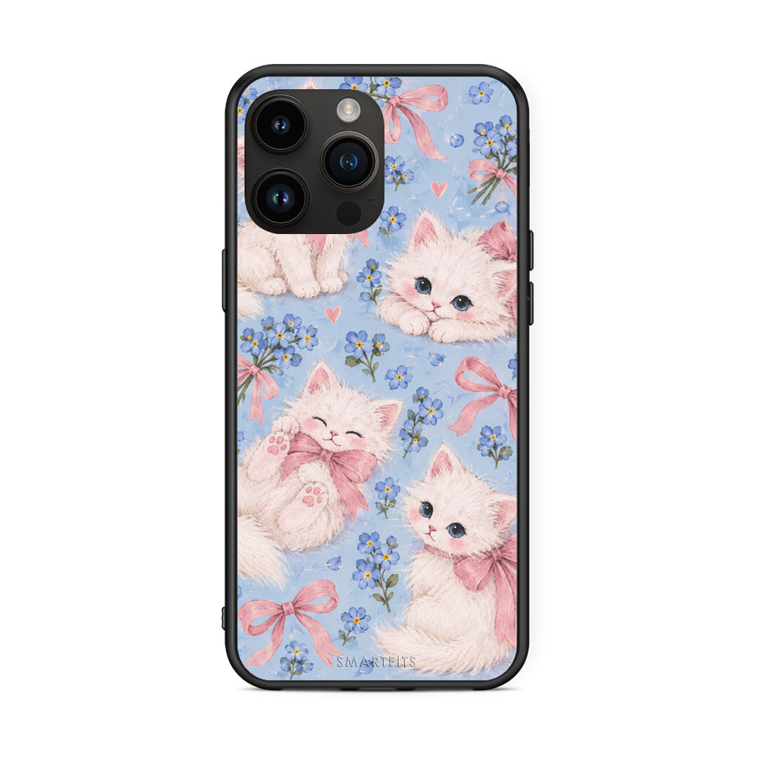 Θήκη iPhone 15 Pro Max White Kittens and Blue Flowers Large από τη Smartfits με σχέδιο στο πίσω μέρος και μαύρο περίβλημα | iPhone 15 Pro Max White Kittens and Blue Flowers Large case with colorful back and black bezels