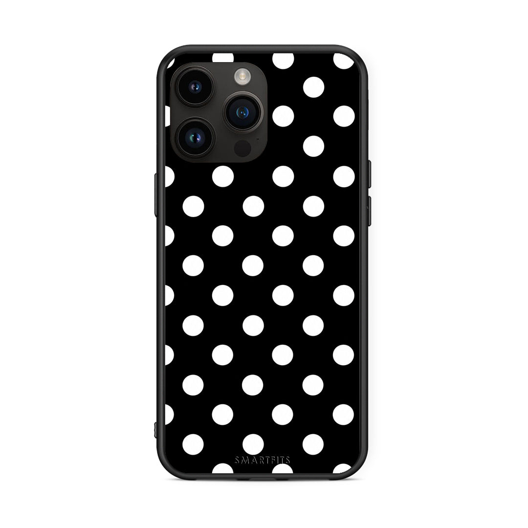 Θήκη iPhone 15 Pro Max White Polka Dots on Black από τη Smartfits με σχέδιο στο πίσω μέρος και μαύρο περίβλημα | iPhone 15 Pro Max White Polka Dots on Black case with colorful back and black bezels