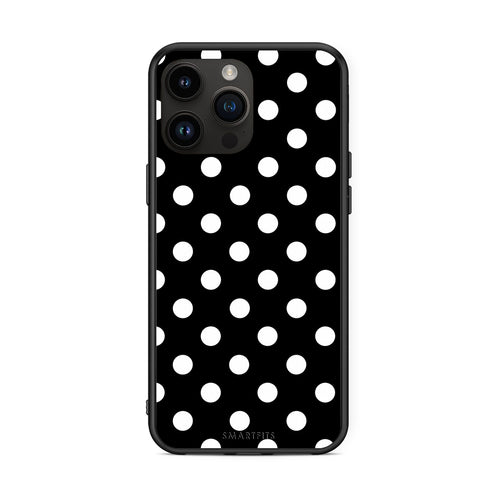 Θήκη iPhone 15 Pro Max White Polka Dots on Black από τη Smartfits με σχέδιο στο πίσω μέρος και μαύρο περίβλημα | iPhone 15 Pro Max White Polka Dots on Black case with colorful back and black bezels