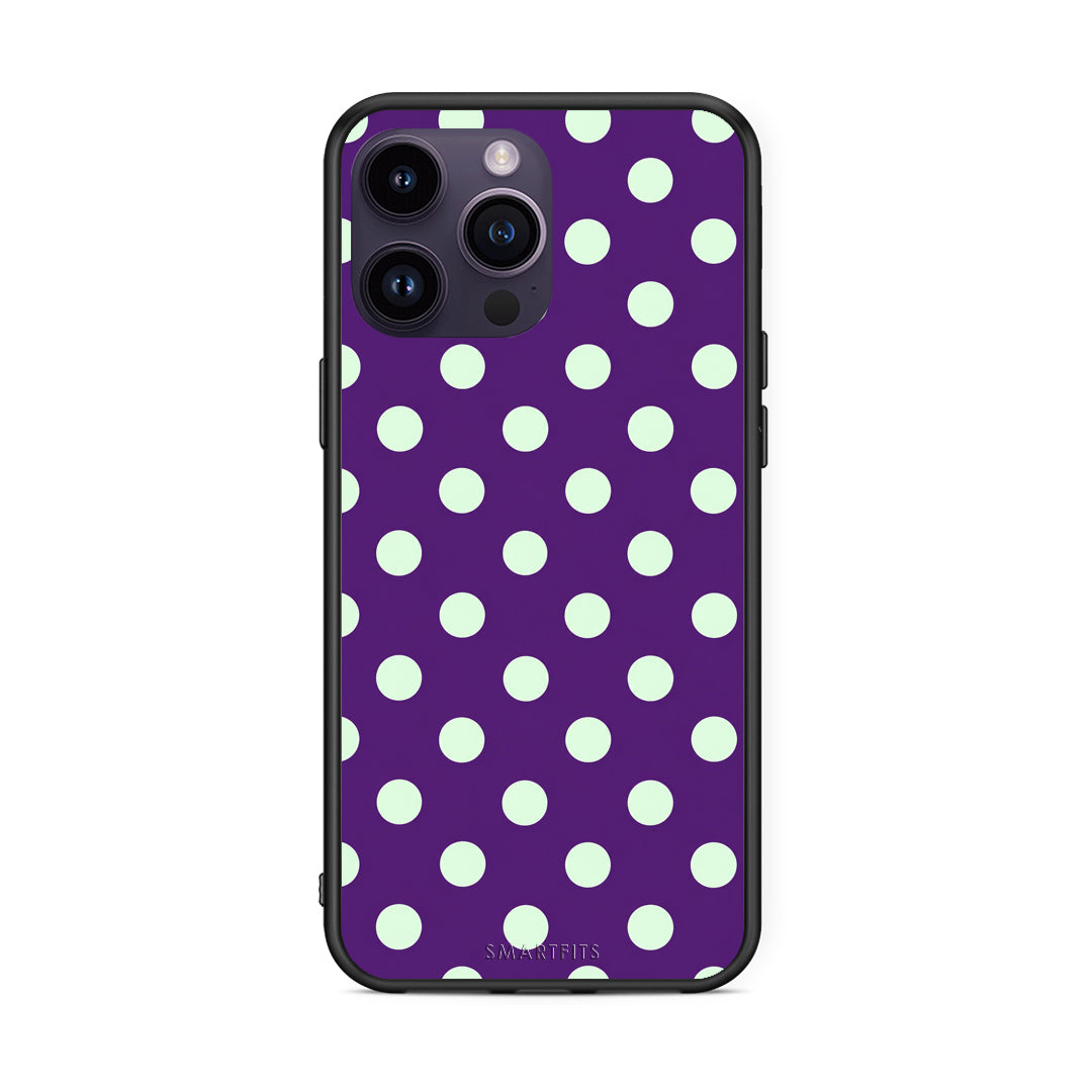Θήκη iPhone 14 Pro Mint Polka Dots on Purple από τη Smartfits με σχέδιο στο πίσω μέρος και μαύρο περίβλημα | iPhone 14 Pro Mint Polka Dots on Purple case with colorful back and black bezels