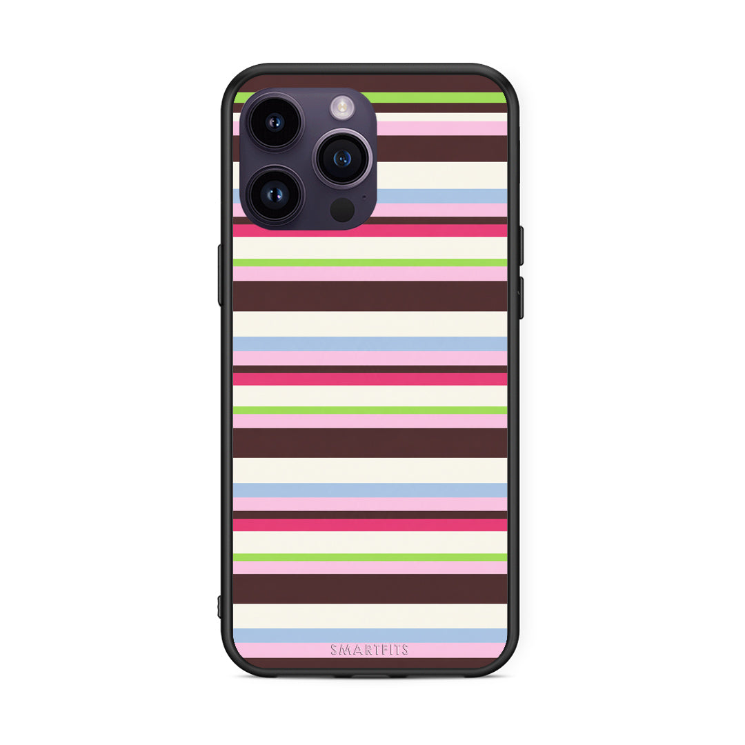Θήκη iPhone 14 Pro Multicolour Horizontal Stripes από τη Smartfits με σχέδιο στο πίσω μέρος και μαύρο περίβλημα | iPhone 14 Pro Multicolour Horizontal Stripes case with colorful back and black bezels