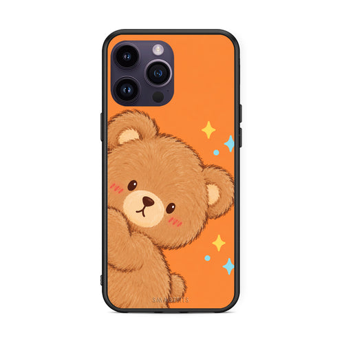 Θήκη iPhone 14 Pro Peekaboo Teddy on Orange από τη Smartfits με σχέδιο στο πίσω μέρος και μαύρο περίβλημα | iPhone 14 Pro Peekaboo Teddy on Orange case with colorful back and black bezels