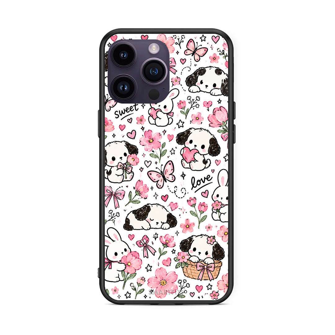Θήκη iPhone 14 Pro Pink Florals Puppies and Bunnies on White από τη Smartfits με σχέδιο στο πίσω μέρος και μαύρο περίβλημα | iPhone 14 Pro Pink Florals Puppies and Bunnies on White case with colorful back and black bezels