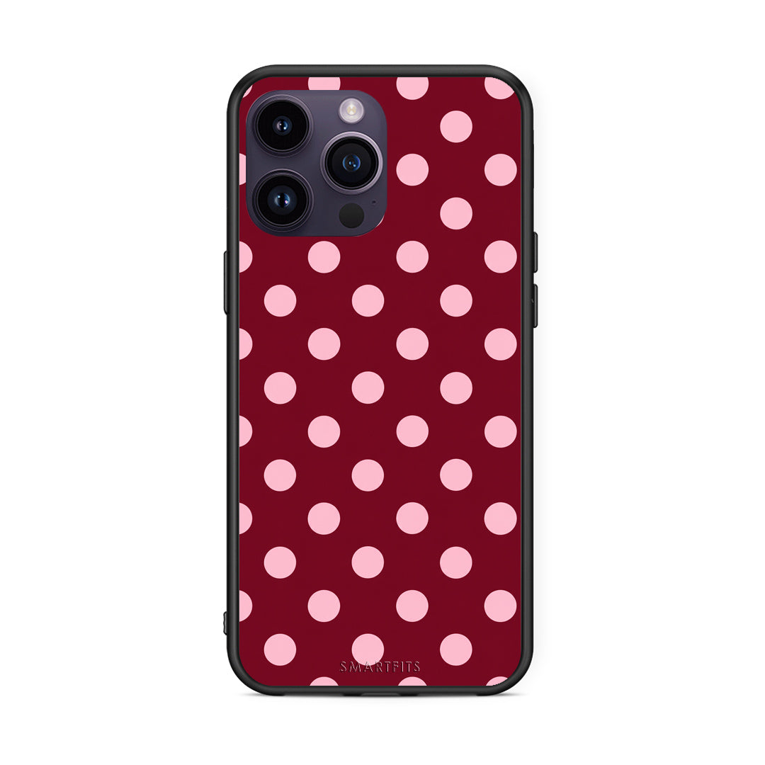 Θήκη iPhone 14 Pro Pink Polka Dots on Burgundy από τη Smartfits με σχέδιο στο πίσω μέρος και μαύρο περίβλημα | iPhone 14 Pro Pink Polka Dots on Burgundy case with colorful back and black bezels
