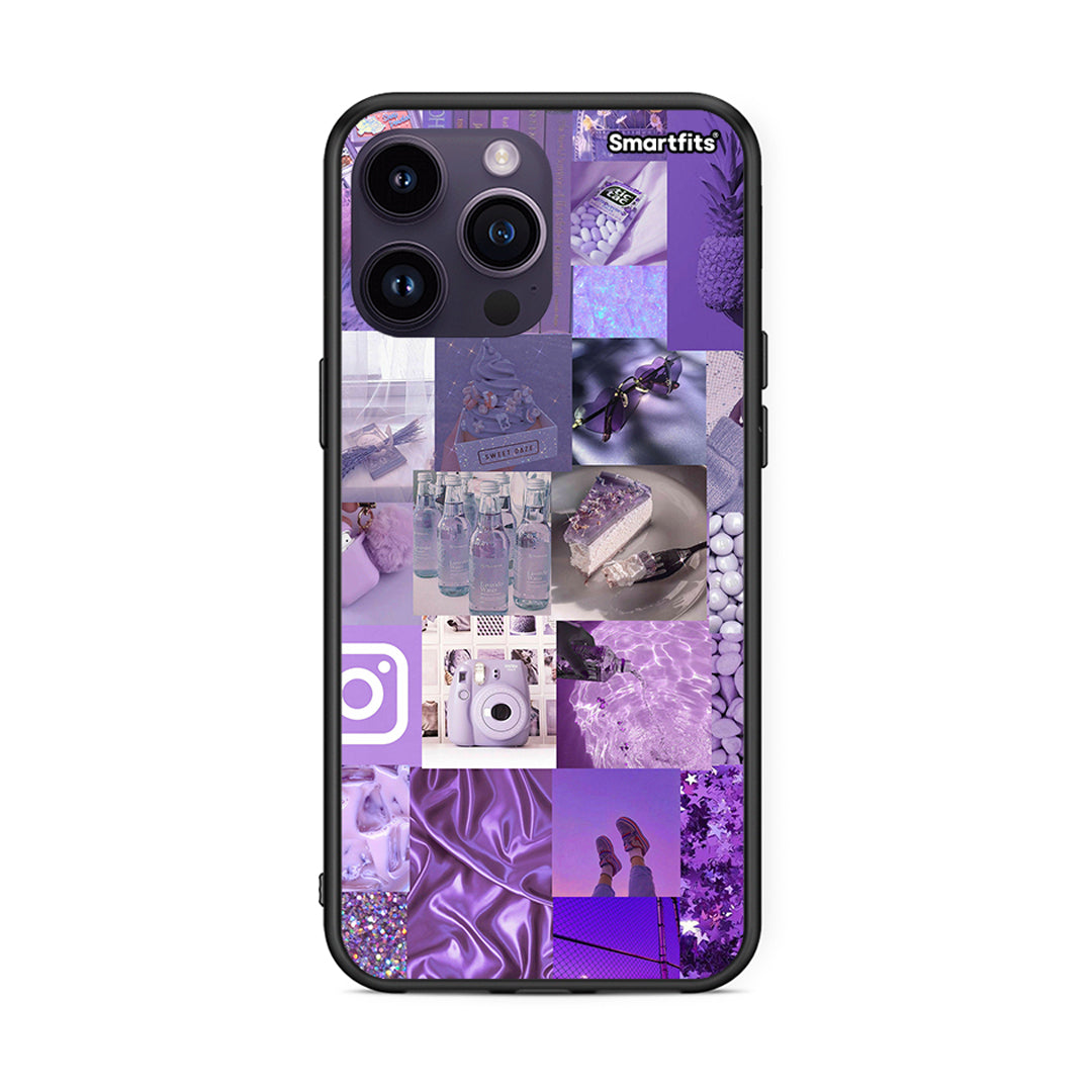 iPhone 15 Pro Purple Aesthetic Collage θήκη από τη Smartfits με σχέδιο στο πίσω μέρος και μαύρο περίβλημα | Smartphone case with colorful back and black bezels by Smartfits