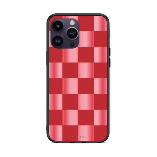 Θήκη iPhone 14 Pro Red and Pink Striped Checks από τη Smartfits με σχέδιο στο πίσω μέρος και μαύρο περίβλημα | iPhone 14 Pro Red and Pink Striped Checks case with colorful back and black bezels
