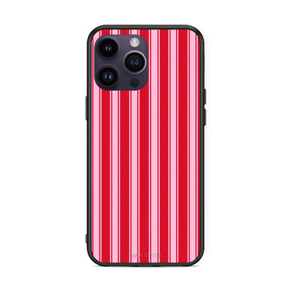 Θήκη iPhone 14 Pro Red and Pink Vertical Pinstripes από τη Smartfits με σχέδιο στο πίσω μέρος και μαύρο περίβλημα | iPhone 14 Pro Red and Pink Vertical Pinstripes case with colorful back and black bezels