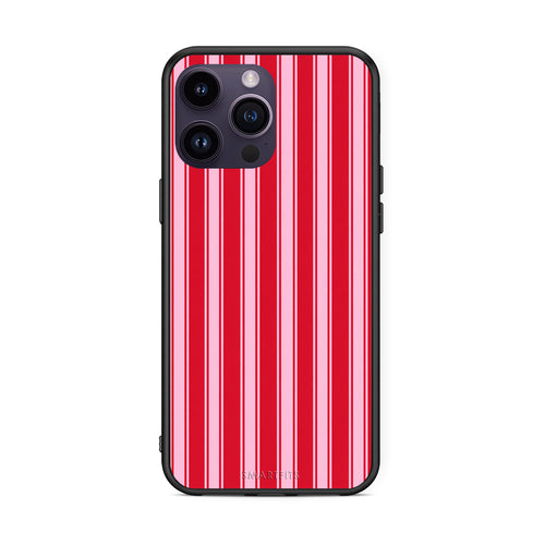 Θήκη iPhone 14 Pro Red and Pink Vertical Pinstripes από τη Smartfits με σχέδιο στο πίσω μέρος και μαύρο περίβλημα | iPhone 14 Pro Red and Pink Vertical Pinstripes case with colorful back and black bezels