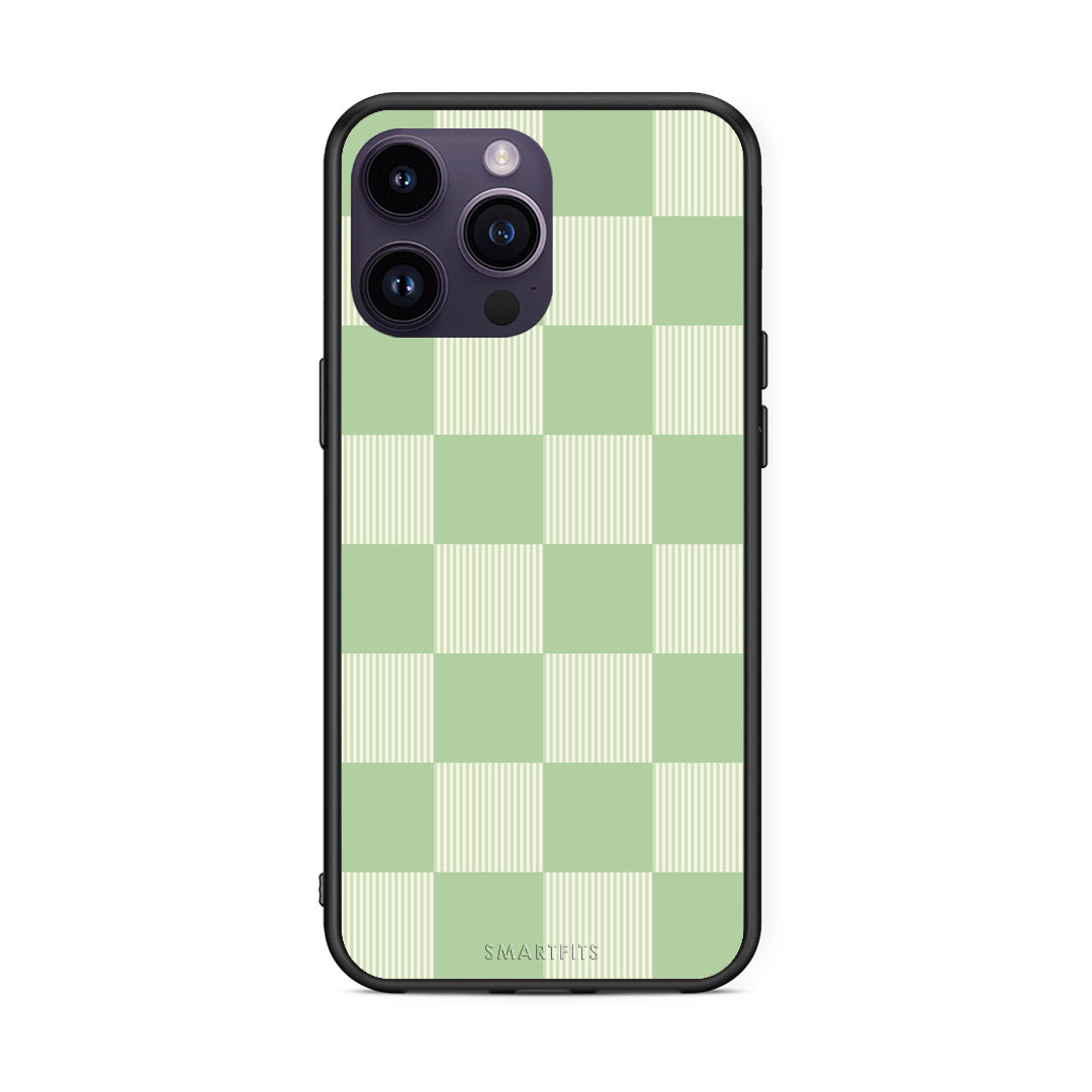 Θήκη iPhone 14 Pro Sage and Cream Striped Checks από τη Smartfits με σχέδιο στο πίσω μέρος και μαύρο περίβλημα | iPhone 14 Pro Sage and Cream Striped Checks case with colorful back and black bezels