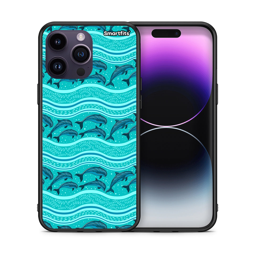 Θήκη iPhone 15 Pro Swimming Dolphins από τη Smartfits με σχέδιο στο πίσω μέρος και μαύρο περίβλημα | iPhone 15 Pro Swimming Dolphins case with colorful back and black bezels