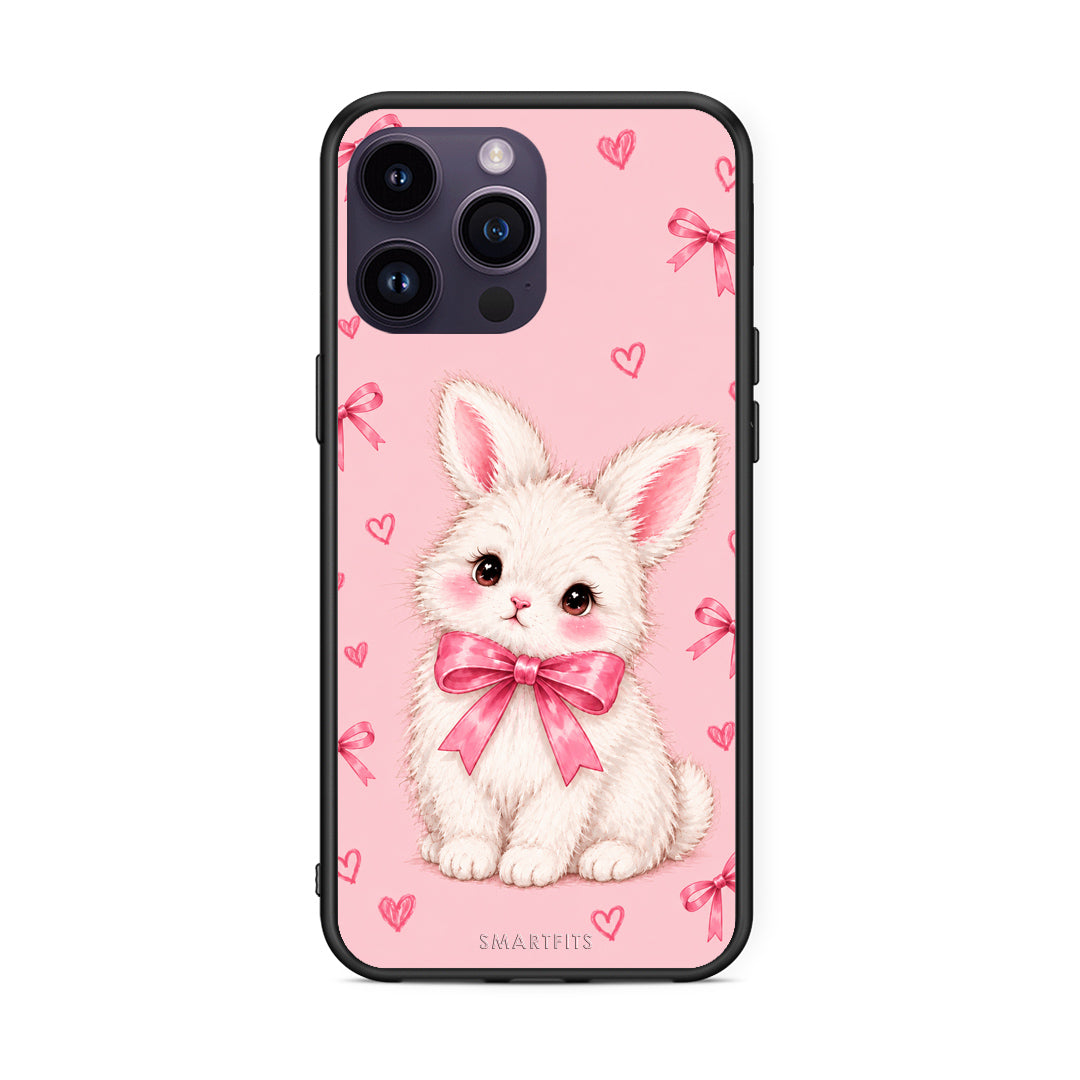 Θήκη iPhone 14 Pro White Bunny and Pink Bows από τη Smartfits με σχέδιο στο πίσω μέρος και μαύρο περίβλημα | iPhone 14 Pro White Bunny and Pink Bows case with colorful back and black bezels