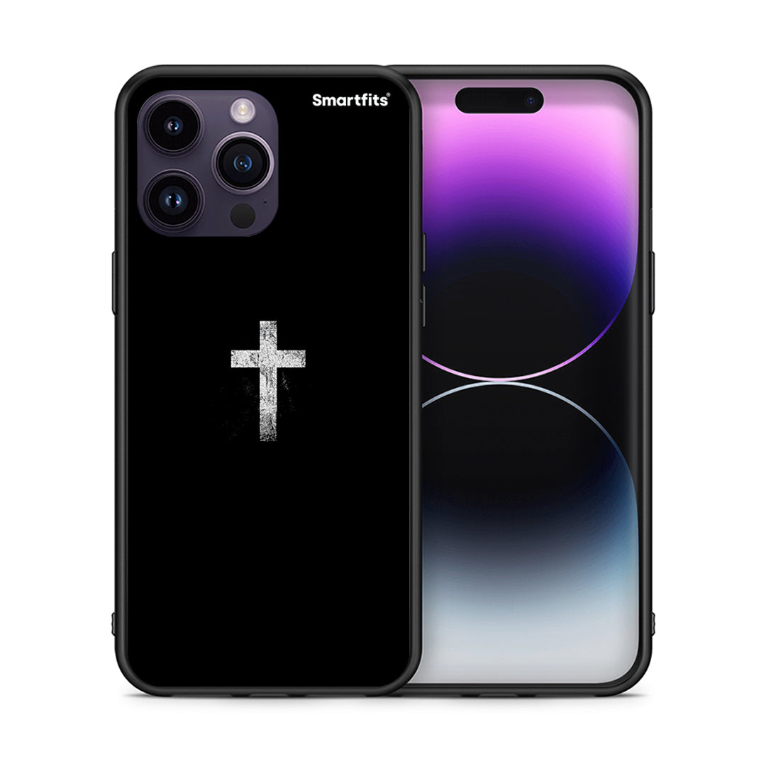 Θήκη iPhone 14 Pro White Cross από τη Smartfits με σχέδιο στο πίσω μέρος και μαύρο περίβλημα | iPhone 14 Pro White Cross case with colorful back and black bezels