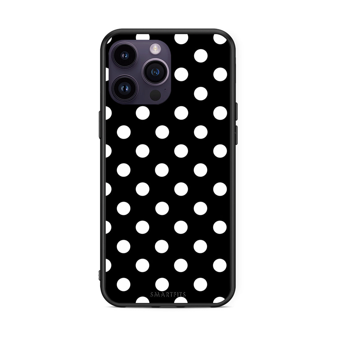 Θήκη iPhone 14 Pro White Polka Dots on Black από τη Smartfits με σχέδιο στο πίσω μέρος και μαύρο περίβλημα | iPhone 14 Pro White Polka Dots on Black case with colorful back and black bezels