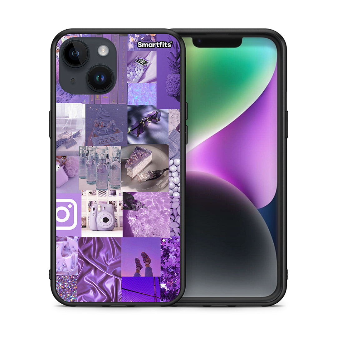 Θήκη iPhone 15 Purple Aesthetic Collage από τη Smartfits με σχέδιο στο πίσω μέρος και μαύρο περίβλημα | iPhone 15 Purple Aesthetic Collage case with colorful back and black bezels