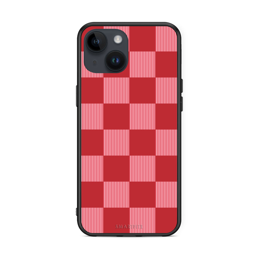 Θήκη iPhone 15 Red and Pink Striped Checks από τη Smartfits με σχέδιο στο πίσω μέρος και μαύρο περίβλημα | iPhone 15 Red and Pink Striped Checks case with colorful back and black bezels