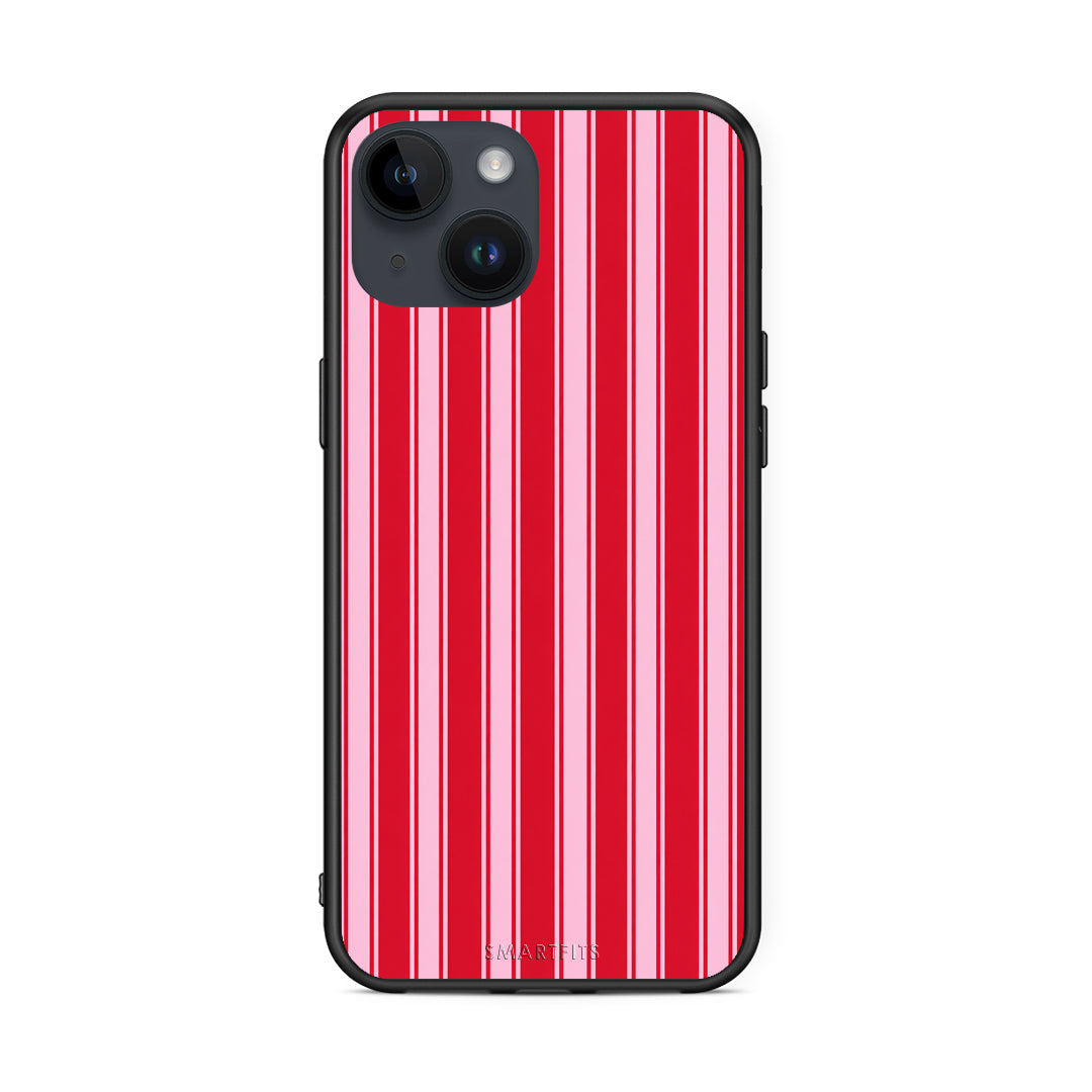 Θήκη iPhone 15 Red and Pink Vertical Pinstripes από τη Smartfits με σχέδιο στο πίσω μέρος και μαύρο περίβλημα | iPhone 15 Red and Pink Vertical Pinstripes case with colorful back and black bezels