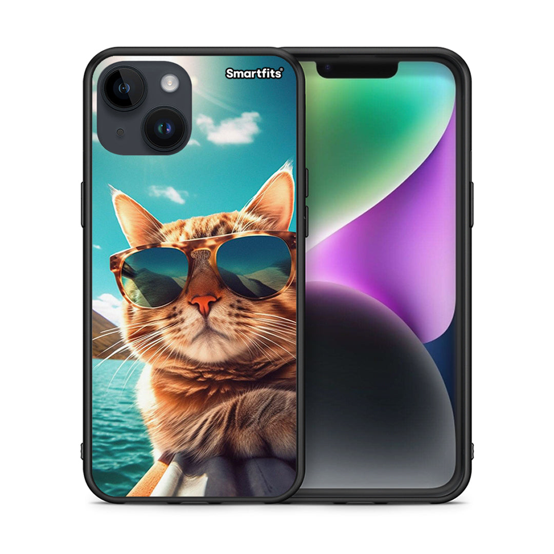 Θήκη iPhone 15 Summer Cat από τη Smartfits με σχέδιο στο πίσω μέρος και μαύρο περίβλημα | iPhone 15 Summer Cat case with colorful back and black bezels