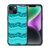 Thumbnail for Θήκη iPhone 15 Swimming Dolphins από τη Smartfits με σχέδιο στο πίσω μέρος και μαύρο περίβλημα | iPhone 15 Swimming Dolphins case with colorful back and black bezels