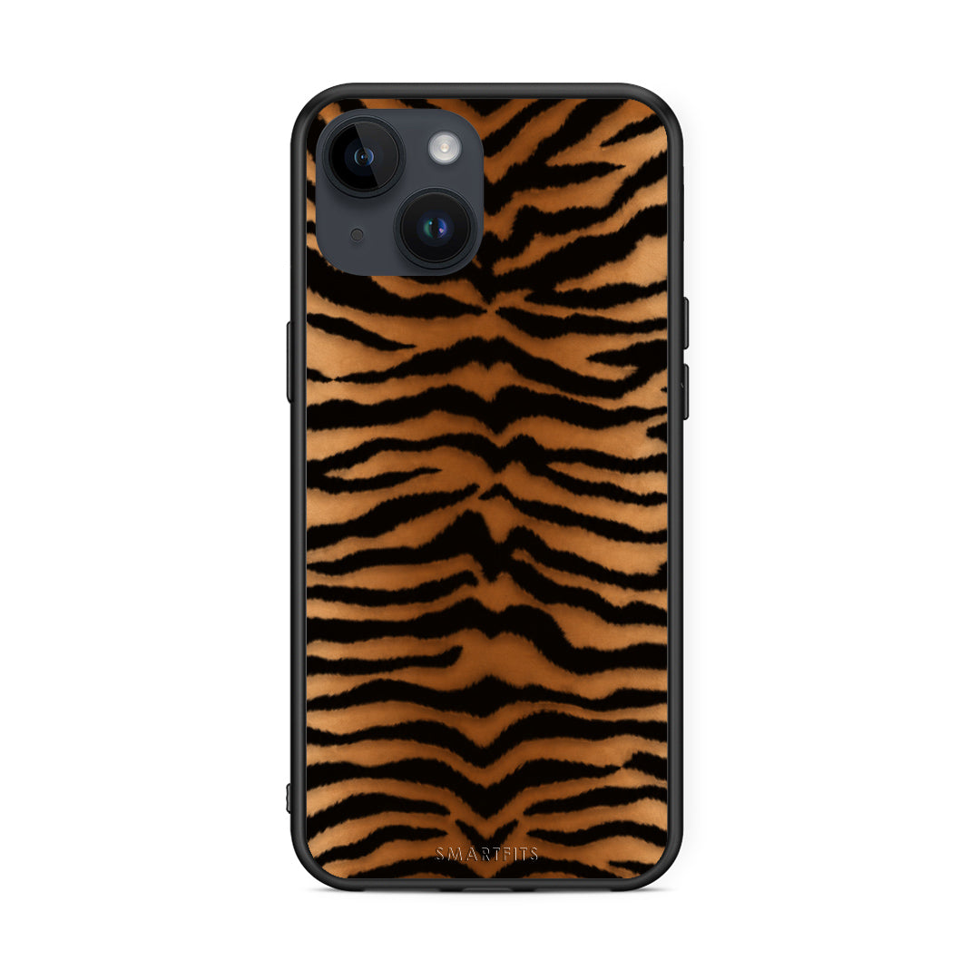 Θήκη iPhone 15 Tiger Print Orange and Black από τη Smartfits με σχέδιο στο πίσω μέρος και μαύρο περίβλημα | iPhone 15 Tiger Print Orange and Black case with colorful back and black bezels
