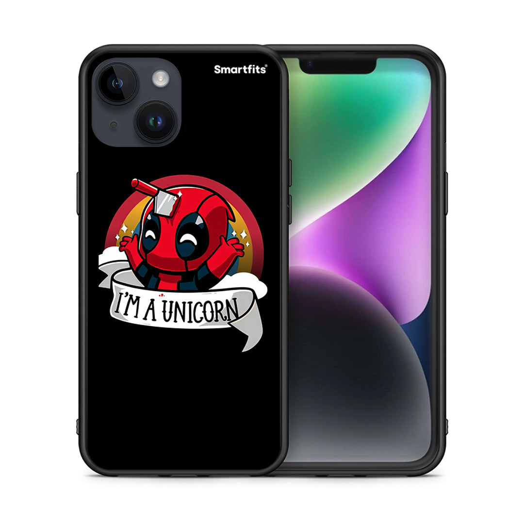 Θήκη iPhone 15 Unicorn Deadpool από τη Smartfits με σχέδιο στο πίσω μέρος και μαύρο περίβλημα | iPhone 15 Unicorn Deadpool case with colorful back and black bezels