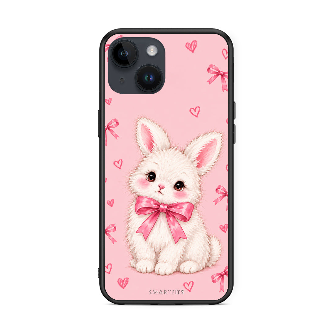 Θήκη iPhone 15 White Bunny and Pink Bows από τη Smartfits με σχέδιο στο πίσω μέρος και μαύρο περίβλημα | iPhone 15 White Bunny and Pink Bows case with colorful back and black bezels
