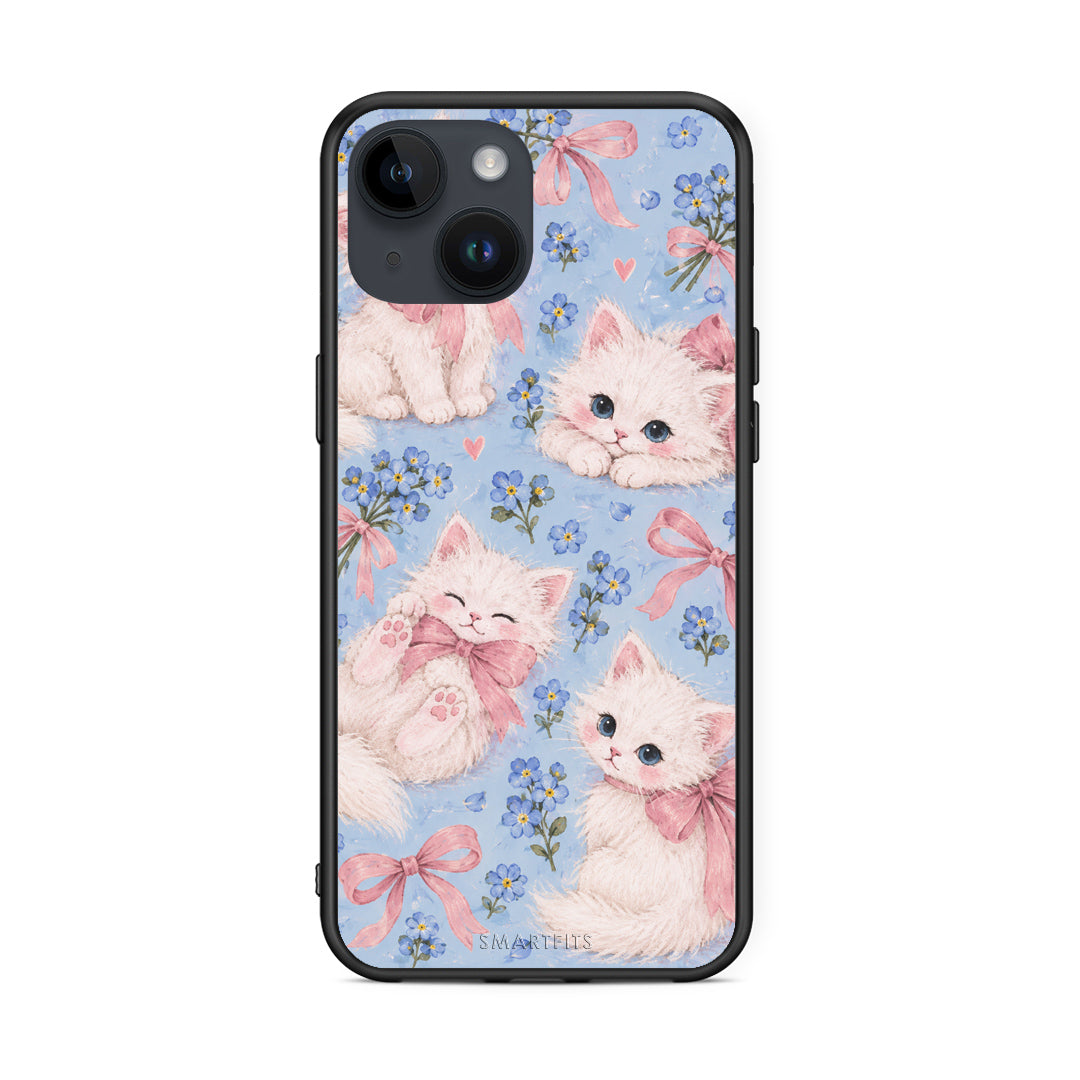 Θήκη iPhone 15 White Kittens and Blue Flowers Large από τη Smartfits με σχέδιο στο πίσω μέρος και μαύρο περίβλημα | iPhone 15 White Kittens and Blue Flowers Large case with colorful back and black bezels