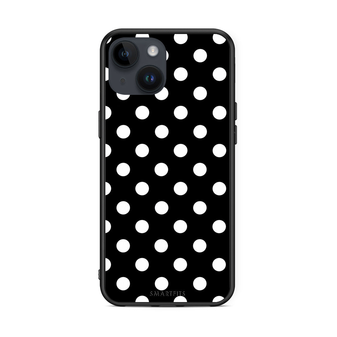 Θήκη iPhone 15 White Polka Dots on Black από τη Smartfits με σχέδιο στο πίσω μέρος και μαύρο περίβλημα | iPhone 15 White Polka Dots on Black case with colorful back and black bezels