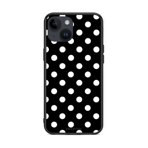 Θήκη iPhone 15 White Polka Dots on Black από τη Smartfits με σχέδιο στο πίσω μέρος και μαύρο περίβλημα | iPhone 15 White Polka Dots on Black case with colorful back and black bezels