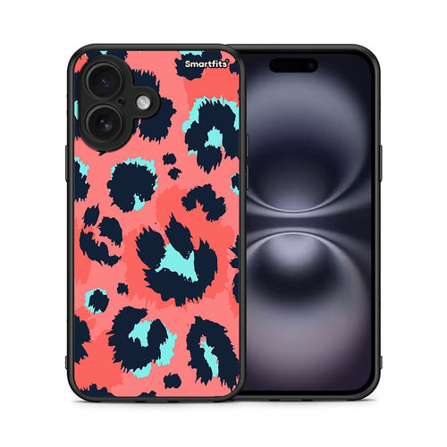 Θήκη iPhone 16 Pink Leopard Animal από τη Smartfits με σχέδιο στο πίσω μέρος και μαύρο περίβλημα | iPhone 16 Pink Leopard Animal case with colorful back and black bezels