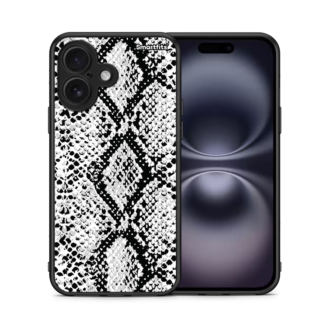 Θήκη iPhone 16 White Snake Animal από τη Smartfits με σχέδιο στο πίσω μέρος και μαύρο περίβλημα | iPhone 16 White Snake Animal case with colorful back and black bezels