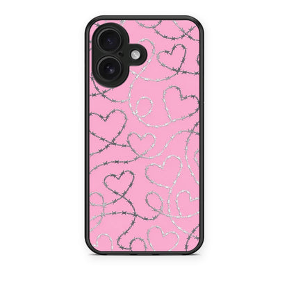 Θήκη iPhone 16 Barbed Wire Hearts on Pink από τη Smartfits με σχέδιο στο πίσω μέρος και μαύρο περίβλημα | iPhone 16 Barbed Wire Hearts on Pink case with colorful back and black bezels