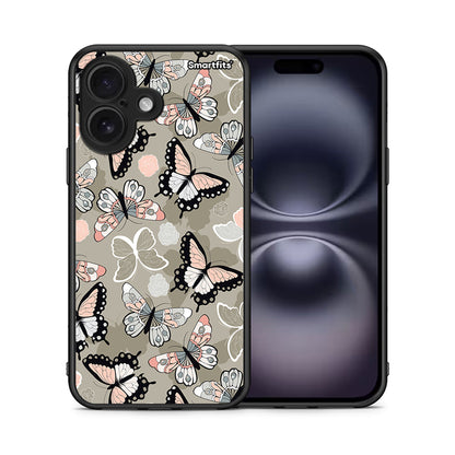Θήκη iPhone 16 Butterflies Boho από τη Smartfits με σχέδιο στο πίσω μέρος και μαύρο περίβλημα | iPhone 16 Butterflies Boho case with colorful back and black bezels
