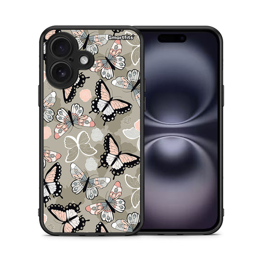 Θήκη iPhone 16 Butterflies Boho από τη Smartfits με σχέδιο στο πίσω μέρος και μαύρο περίβλημα | iPhone 16 Butterflies Boho case with colorful back and black bezels