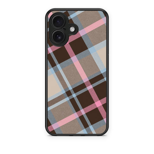 Θήκη iPhone 16 Brown Pink and Blue Diagonal Plaid από τη Smartfits με σχέδιο στο πίσω μέρος και μαύρο περίβλημα | iPhone 16 Brown Pink and Blue Diagonal Plaid case with colorful back and black bezels